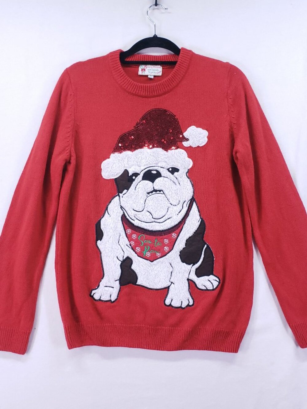 Merry Christmas Ugly Christmas Sweater Womens Large Pullover Red Bulldog Holiday